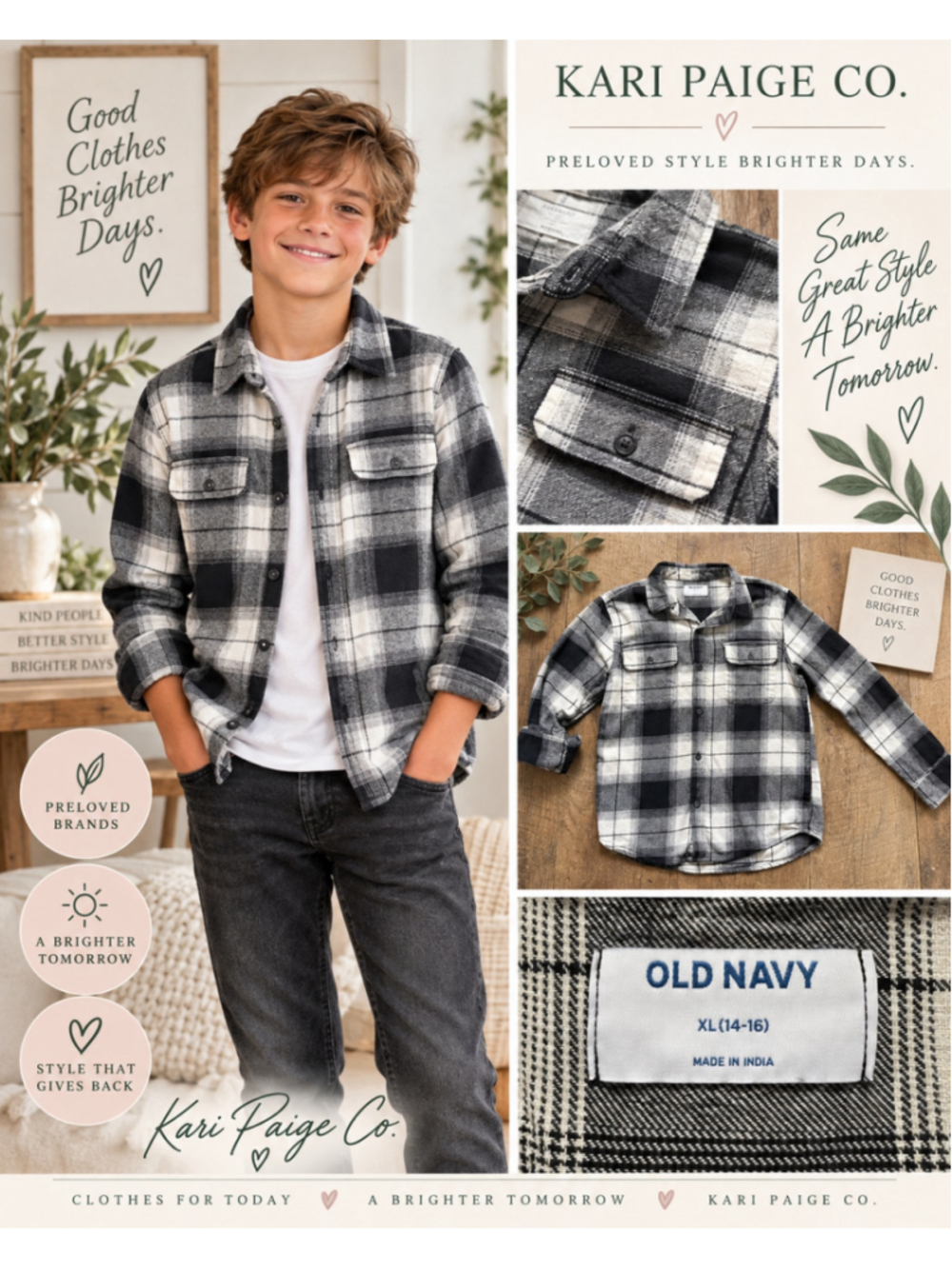 Boys Old Navy Flannel Shirt XL (14-16) Black White Plaid Long Sleeve Summer F26